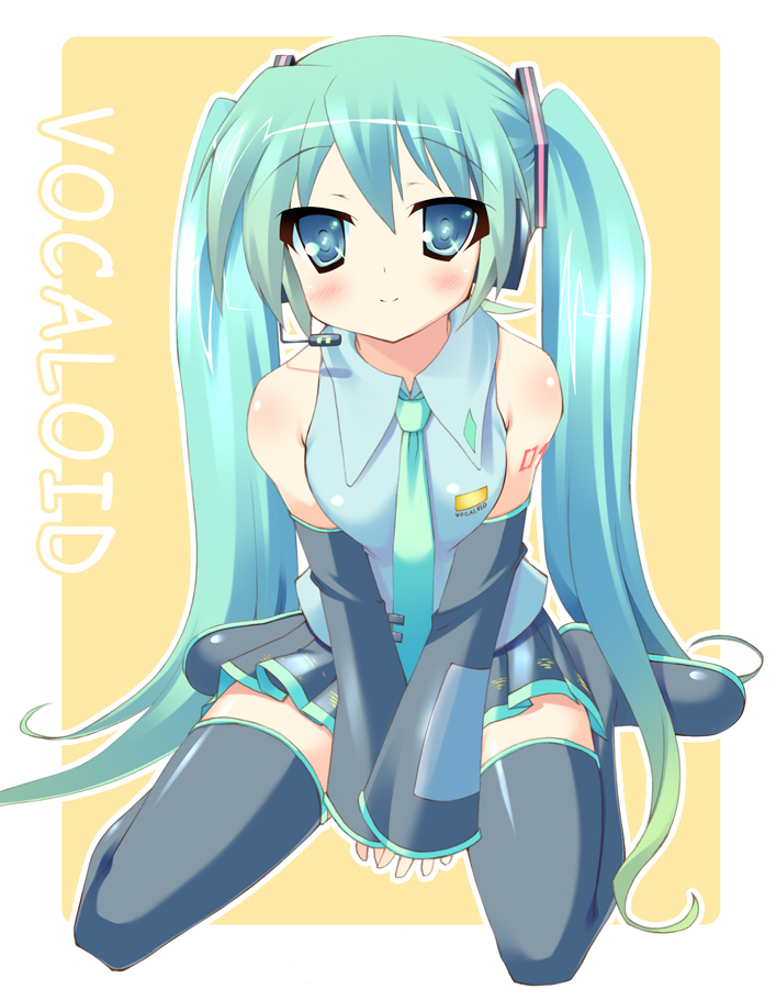 amakara_surume, aqua_eyes, aqua_hair, bad_id, bad_pixiv_id, black_thighhighs, blush, detached_sleeves