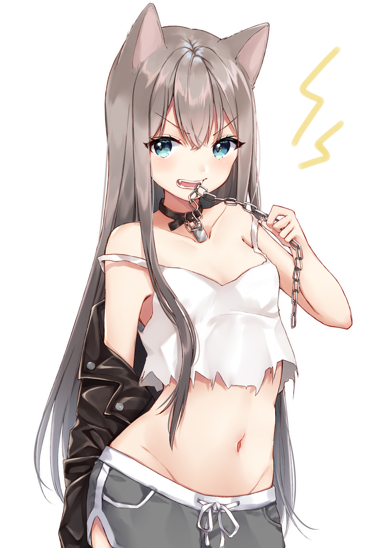 1girl, animal_ears, bare_shoulders, blouse, blue_eyes, breasts, brown_hair, chain, collar, collarbone, dog_ears, dolphin_shorts, fangs, female_focus, frown, hair_between_eyes, long_hair, midriff, navel, nazuna_shizuku, off_shoulder, open_mouth, original, shirt, short_shorts, shorts, simple_background, small_breasts, solo, stomach, teeth, torn_clothes, torn_shirt, v-shaped_eyebrows, white_background, white_shirt