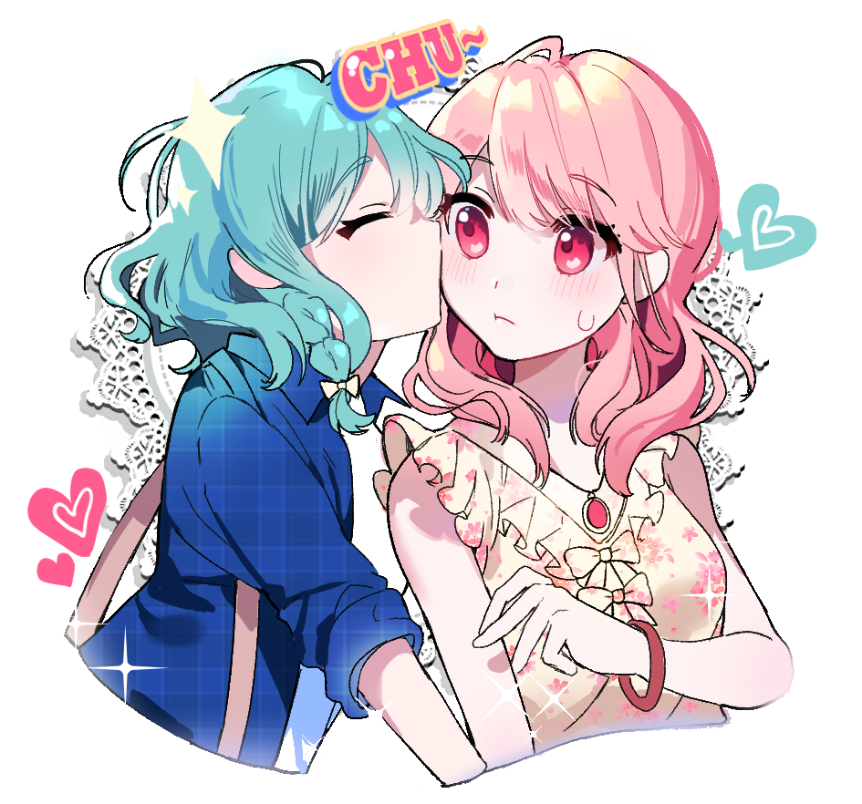 2girls, :t, ^_^, bang_dream!, bang_dream!_girls_band_party!, blue_shirt, bow, bracelet
