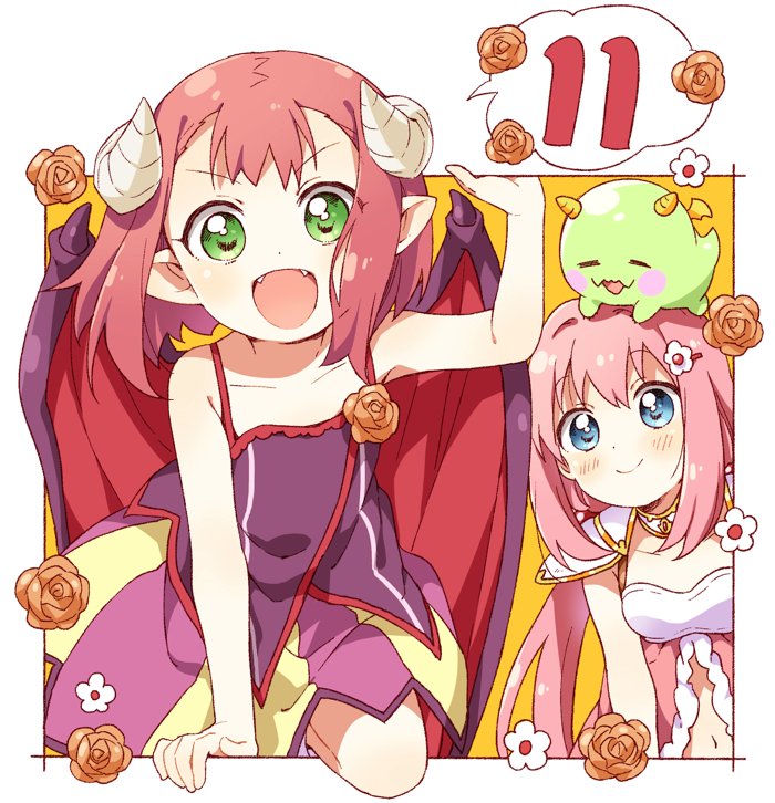 2girls, armor, blue_eyes, blush, breasts, chibi_dragon, closed_mouth, collarbone