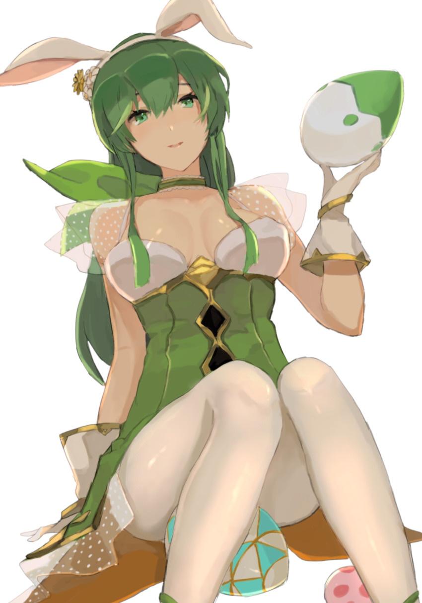 1girl, animal_ears, breasts, choker, cleavage, dress, easter_egg, egg, fake_animal_ears, female_focus, fire_emblem, fire_emblem:_mystery_of_the_emblem, fire_emblem:_shadow_dragon, fire_emblem_heroes, flower, gloves, green_eyes, green_hair, hair_between_eyes, hair_flower, hair_ornament, highres, knees_together_feet_apart, long_hair, looking_at_viewer, medium_breasts, nintendo, palla_(fire_emblem), palla_(spring)_(fire_emblem), pantyhose, parted_lips, playboy_bunny, rabbit_ears, simple_background, sitting, sleeveless, sleeveless_dress, smile, solo, straight_hair, w_(1999_kyu), white_background, white_gloves, white_pantyhose