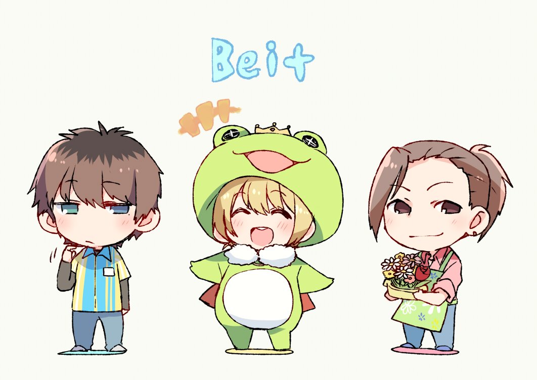 +++, 3boys, :d, ^_^, animal_costume, apron, beit, blonde_hair