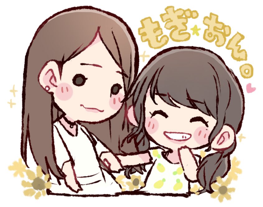 2girls, :3, akb48, black_eyes, blush_stickers, brown_hair, chibi, dress