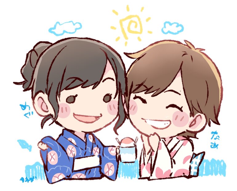 2girls, :d, ^_^, akb48, artist_name, back_bow, black_eyes, black_hair