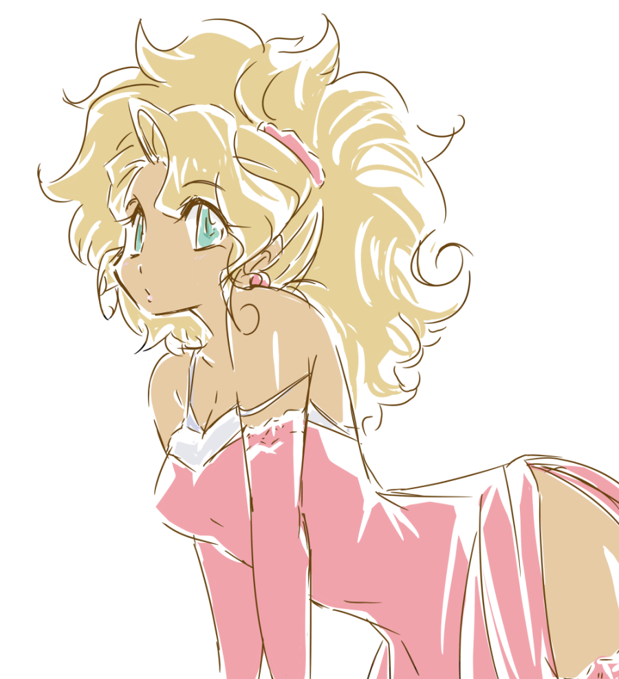 1girl, bent_over, big_hair, blonde_hair, blue_eyes, breasts, christmas, cleavage, dark-skinned_female, dark_skin, dress, earrings, elbow_gloves, female_focus, gloves, hair_ornament, hair_scrunchie, jewelry, kuramitsu_mihoshi, medium_breasts, okuri_ookami, red_dress, red_gloves, red_thighhighs, scrunchie, side_slit, sketch, solo, spaghetti_strap, strap_slip, tenchi_muyou!, thighhighs, white_background