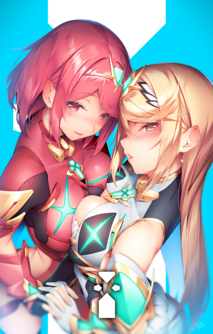 2girls, armor, bare_shoulders, blonde_hair, blue_background, blush, breast_press, breasts, cleavage, dress, earrings, fingerless_gloves, gem, gloves, hair_ornament, head_tilt, headpiece, holding_hands, jewelry, large_breasts, long_hair, looking_at_viewer, multiple_girls, mythra_(xenoblade), neon_trim, nintendo, open_mouth, peridot_(gemstone), pyra_(xenoblade), red_eyes, red_hair, ryuji_(ikeriu), short_hair, shorts, sidelocks, signature, simple_background, smile, swept_bangs, symmetrical_docking, tiara, very_long_hair, xenoblade_chronicles_(series), xenoblade_chronicles_2, yellow_eyes