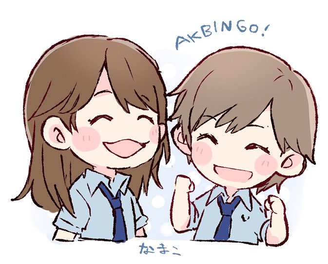 2girls, :d, ^_^, akb48, blue_neckwear, blue_shirt, blush, brown_hair