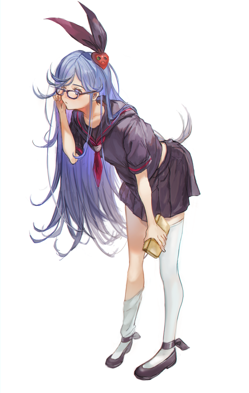 1girl, adjusting_eyewear, black-framed_eyewear, black_ribbon, black_sailor_collar, black_shirt, black_shoes, black_skirt