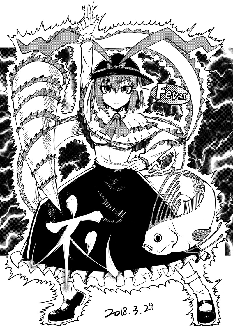 1girl, ankle_socks, black_footwear, black_headwear, dancing, dated, dot_nose, drill, electricity, english_text, expressionless, fish, frilled_skirt, frills, greyscale, hair_between_eyes, hand_on_own_hip, hat, heran_hei_mao, john_travolta, long_sleeves, looking_at_viewer, mary_janes, monochrome, nagae_iku, oarfish, pointing, pointing_up, saturday_night_fever, shawl, shoes, short_hair, skirt, socks, speech_bubble, touhou