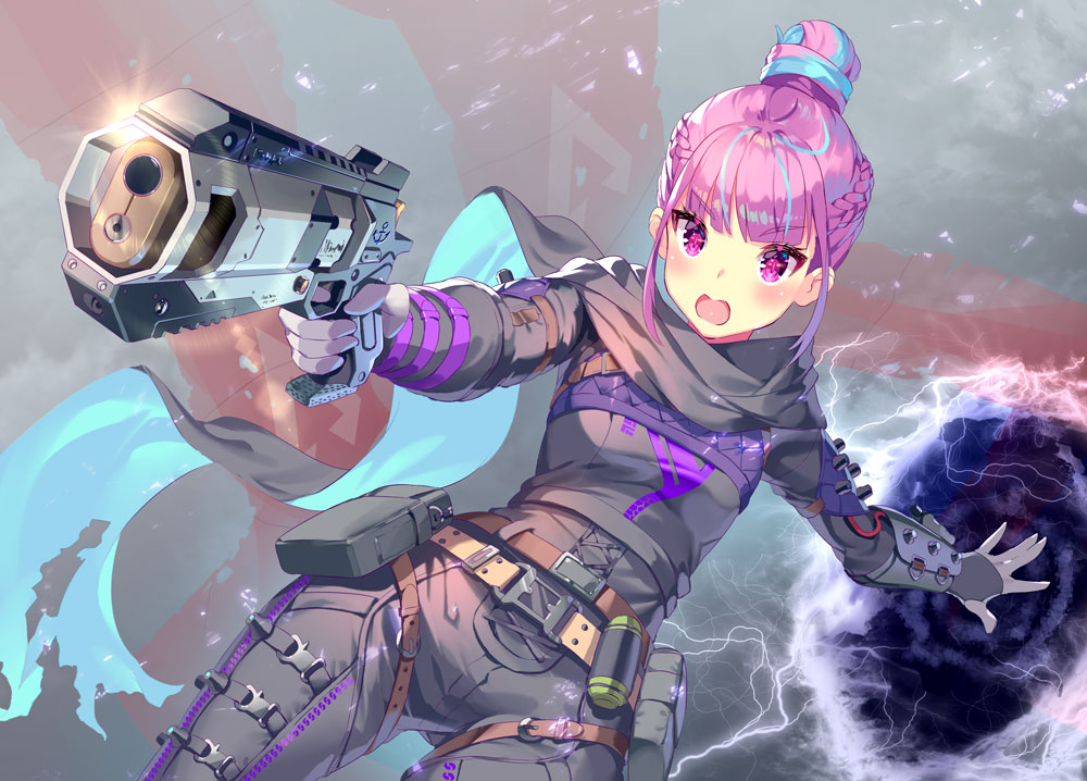 1girl, alternate_costume, alternate_hairstyle, anchor_symbol, apex_legends, banner, belt, belt_buckle, blue_hair, blush, bodysuit, braid, breasts, buckle, commentary_request, cosplay, cowboy_shot, electricity, female_focus, gloves, grey_bodysuit, gun, hair_between_eyes, hair_bun, handgun, holding, holding_gun, holding_weapon, hololive, looking_at_viewer, minato_aqua, multicolored_hair, open_mouth, pants, pink_hair, portal_(object), purple_eyes, ribbon, scarf, short_hair, sidelocks, single_hair_bun, small_breasts, solo, standing, two-tone_hair, utility_belt, virtual_youtuber, weapon, wraith_(apex_legends), wraith_(apex_legends)_(cosplay), yoshimoto_(dear_life)