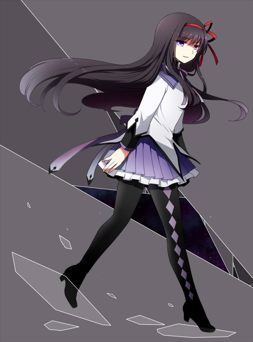 1girl, akemi_homura, akemi_homura_(magical_girl), black_hair, black_pantyhose, fang, female_focus, floating_hair