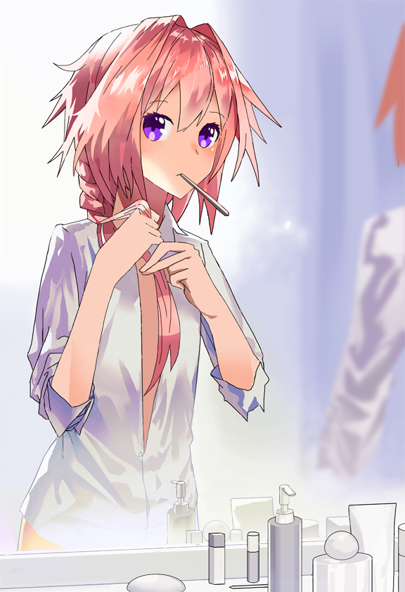 1boy, adjusting_hair, astolfo_(fate), blush, braid, braiding_hair, fate/apocrypha, fate/grand_order