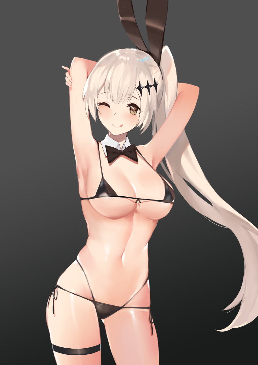 1girl, ;q, absurdres, animal_ears, armor, arms_up, bikini, black_bikini