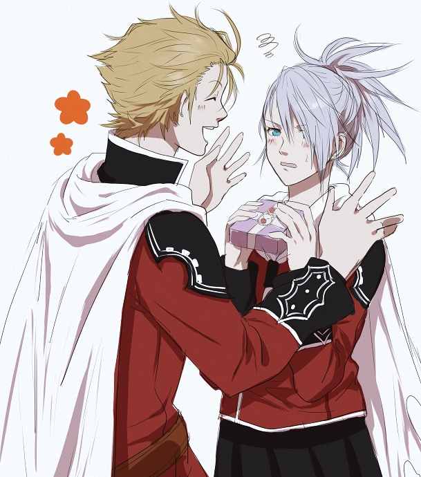 1boy, 1girl, akademeia_uniform, blonde_hair, blue_eyes, cape, closed_eyes, final_fantasy