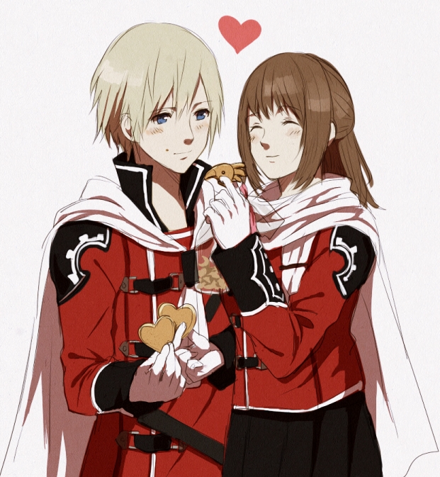 1boy, 1girl, ace_(fft-0), akademeia_uniform, blonde_hair, blue_eyes, blush, brown_hair, cape, closed_eyes, deuce_(fft-0), final_fantasy, final_fantasy_type-0, jacket, long_hair, military, military_uniform, plaid_clothes, plaid_skirt, school_uniform, short_hair, simple_background, skirt, smile, xino