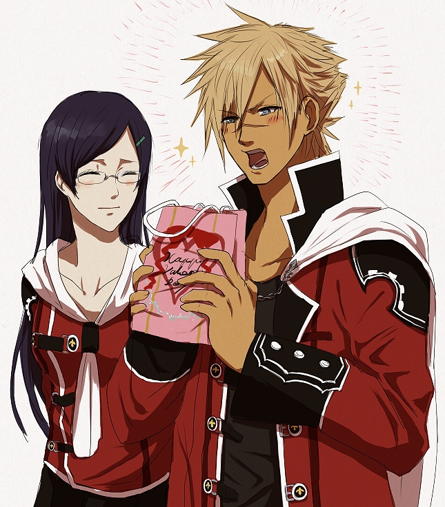 1boy, 1girl, akademeia_uniform, black_hair, blonde_hair, blue_eyes, blush, cape