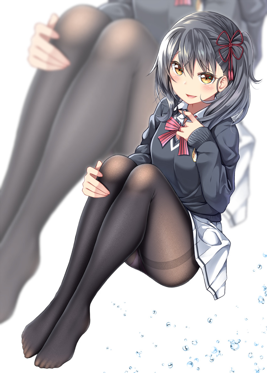 1girl, black_pantyhose, blush, bow, bowtie, breasts, brown_eyes, brown_hair