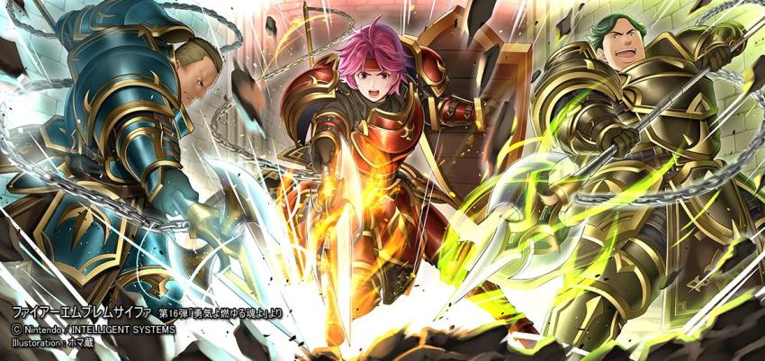 1girl, 2boys, armor, armored_boots, artist_name, barthe_(fire_emblem), boots, bors_(fire_emblem)