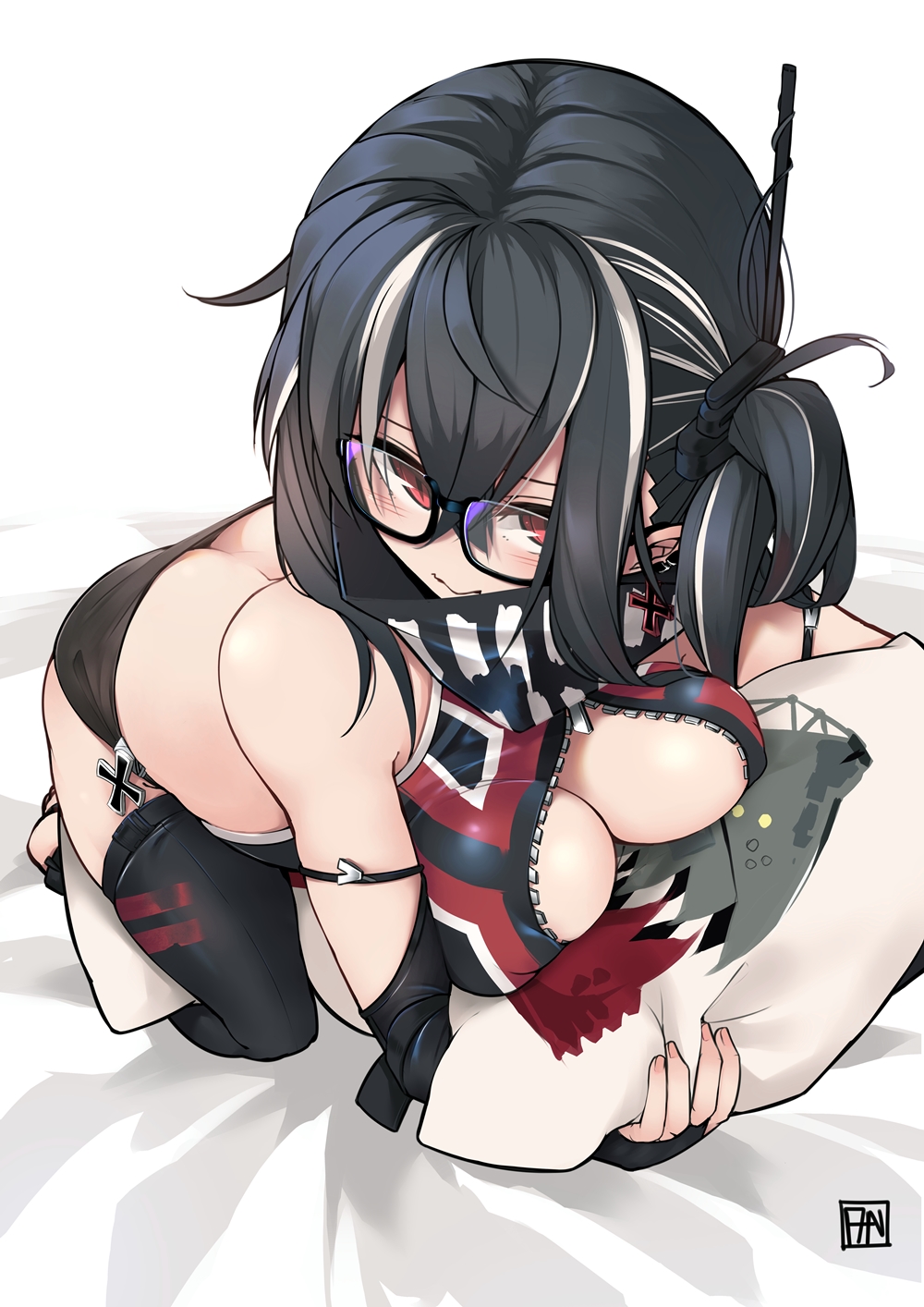 1girl, azur_lane, bare_shoulders, bed_sheet, black-framed_eyewear, black_hair, black_one-piece_swimsuit, black_thighhighs