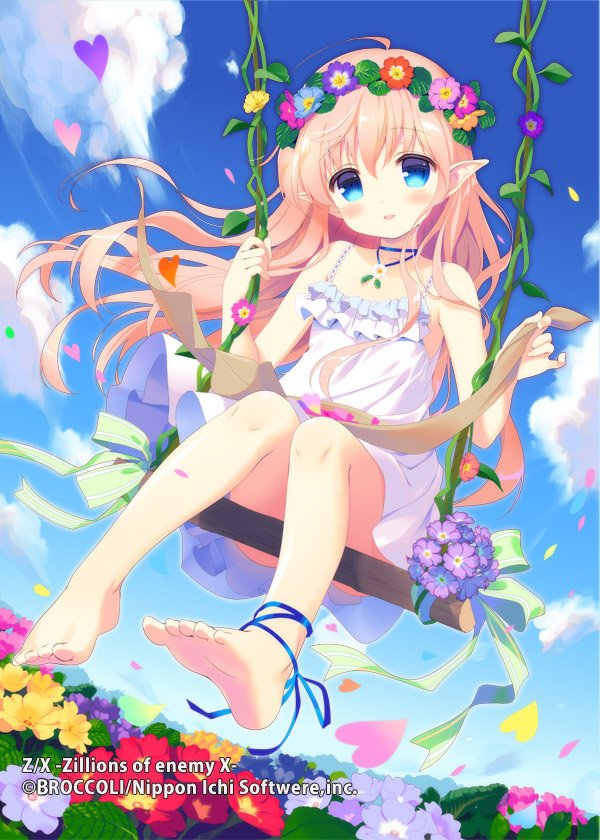 1girl, bare_arms, bare_shoulders, barefoot, blonde_hair, blue_eyes, blue_ribbon, blue_sky