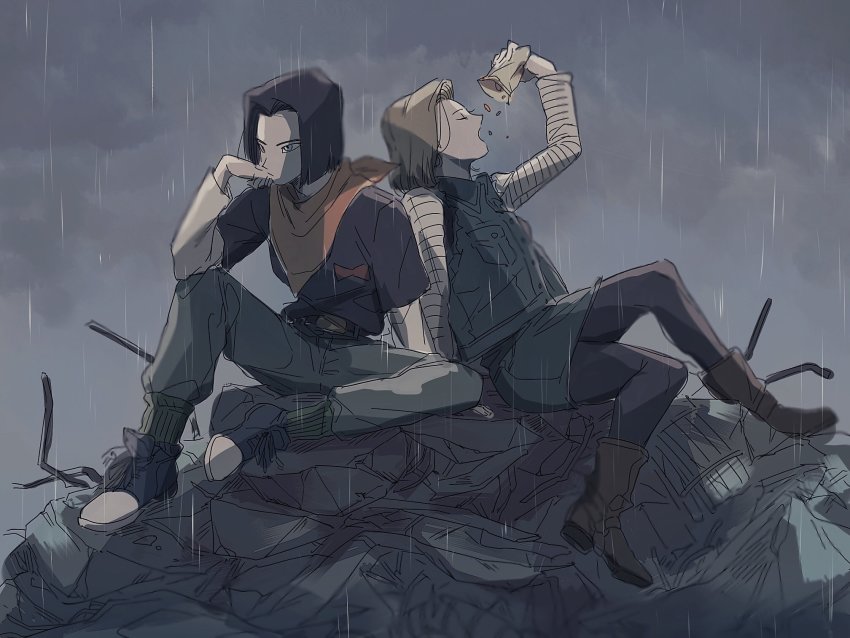 1boy, 1girl, android_17, android_18, arm_up, back-to-back, bag, bandana