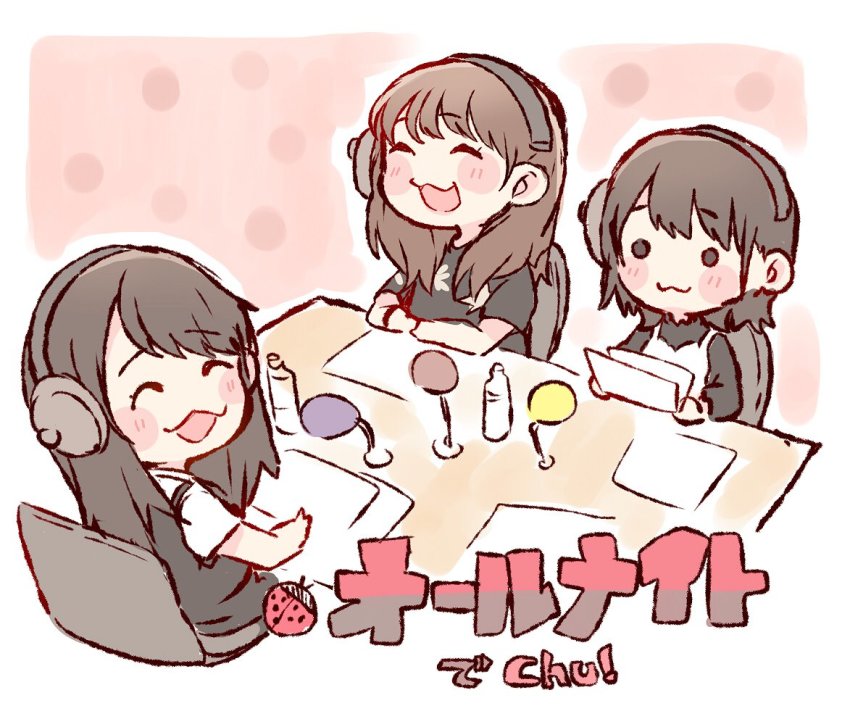 3girls, :3, :d, ^_^, akb48, black_eyes, black_hair, blush_stickers, bottle, brown_hair, bug, chair, chibi, closed_eyes, headphones, hkt48, holding, holding_paper, insect, kojima_mako, ladybug, long_hair, microphone, multiple_girls, nmb48, o_o, open_mouth, paper, real_life, recording_studio, shibuya_nagisa, single_headphone, sitting, smile, table, taneda_yuuta, tomonaga_mio, water_bottle