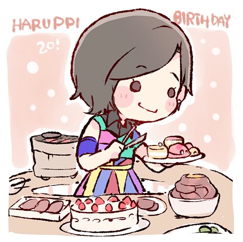 1girl, armband, black_eyes, black_hair, blush_stickers, cake, character_age, character_name