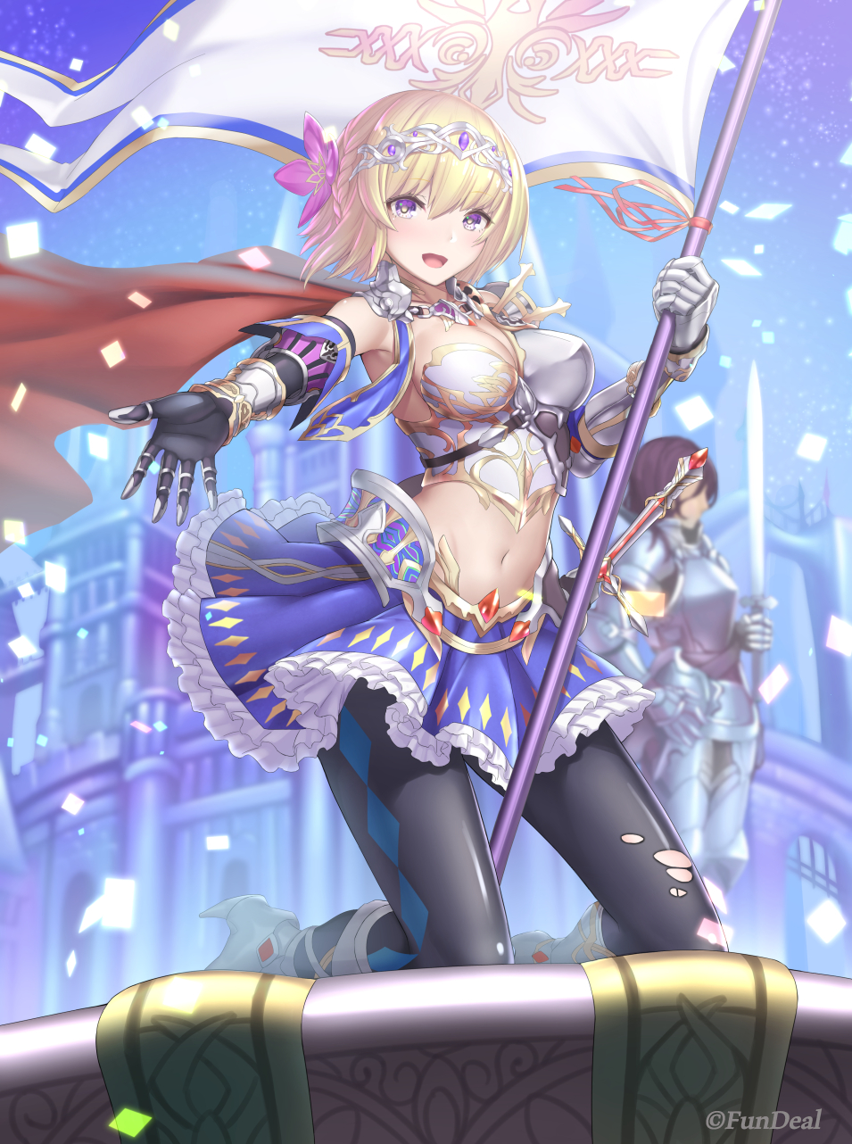 1boy, 1girl, blonde_hair, breasts, castle, day, flag, graphite_(medium)