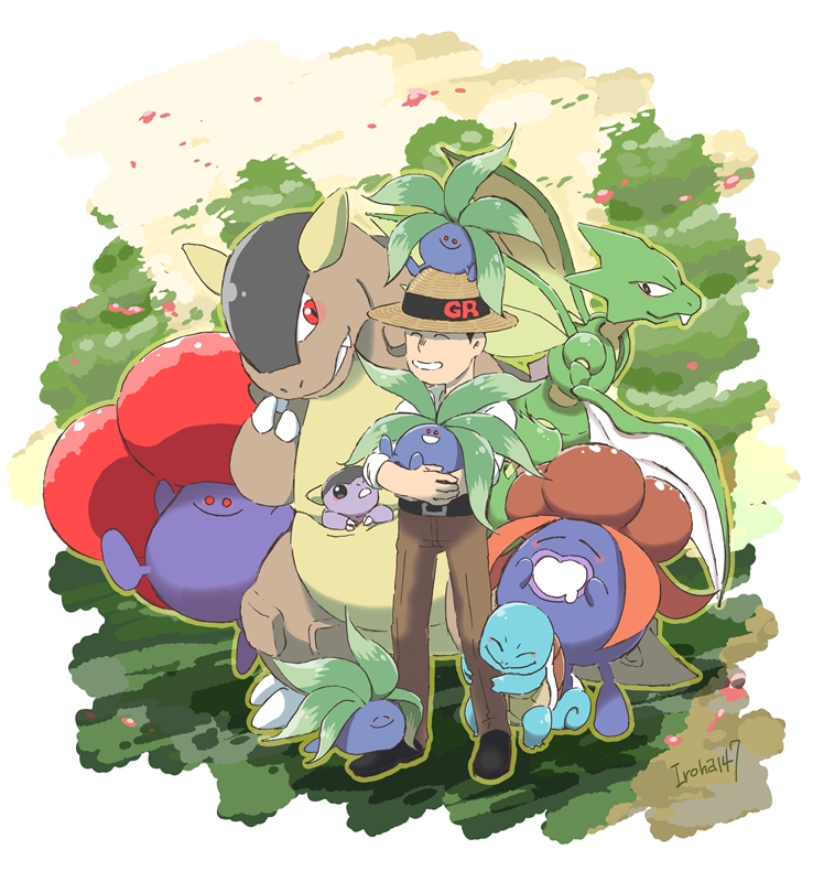 1boy, ^_^, closed_eyes, creature, gen_1_pokemon, gloom_(pokemon), hanimaru_(pixiv29474374), holding, holding_pokemon, kangaskhan, male_focus, morino_(pokemon), nintendo, oddish, on_head, outdoors, pokemon, pokemon_(creature), pokemon_on_head, pokemon_tcg, pokemon_tcg_gb, scyther, sleeves_rolled_up, squirtle, standing, vileplume