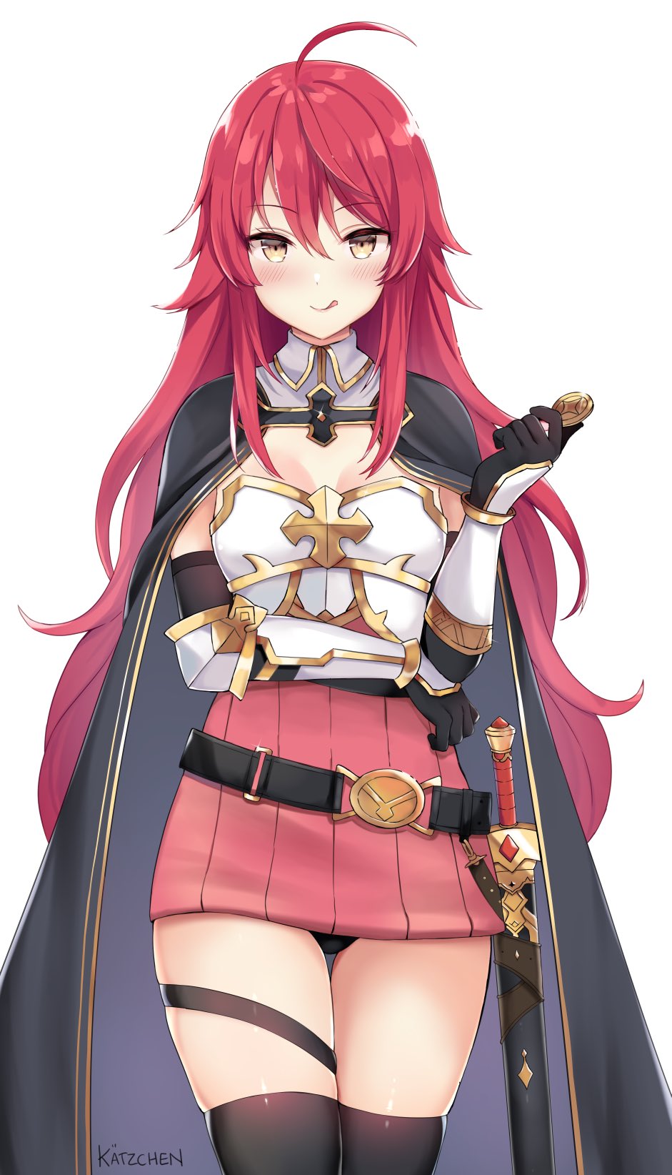 1girl, :q, ahoge, belt, cape, cermia_(epic_seven), coin, epic_seven, highres, holding, holding_coin, kaetzchen, long_hair, looking_at_viewer, red_hair, sword, thigh_strap, thighhighs, tongue, tongue_out, weapon, yellow_eyes