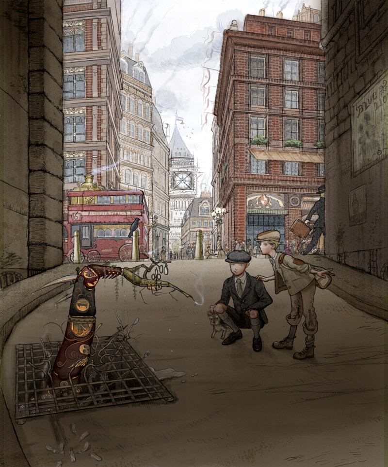 2boys, bird, bus, child, city, cowboy_western, dog, double-decker_bus, flag, hat, london, male_focus, motor_vehicle, multiple_boys, mushiyoshi, outdoors, road, sewer, sky, smoke, steampunk, street, vanishing_point, vehicle