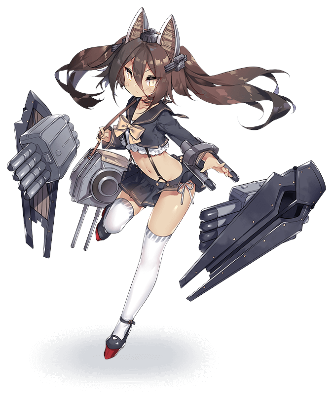1girl, amatsukaze_(warship_girls_r), animal_ears, brown_hair, dark-skinned_female, dark_skin, fake_animal_ears, female_focus, full_body, hair_between_eyes, hair_ornament, long_hair, midriff, miniskirt, navel, official_art, panties, pleated_skirt, rigging, sailor_collar, sailor_shirt, saru, ship_turret, shirt, side-tie_panties, skirt, solo, suspenders, thighhighs, transparent_background, twintails, underwear, warship_girls_r, white_thighhighs, yellow_eyes