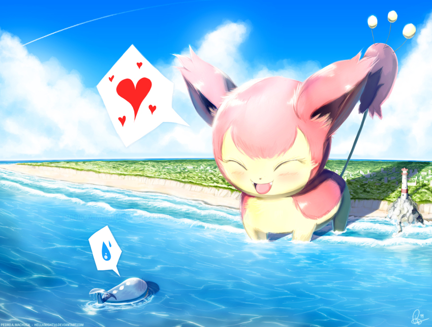 :d, ^_^, animal, artist_name, beach, blue_sky, blush, cat