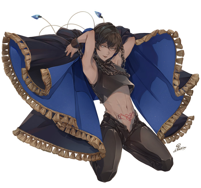 1boy, androgynous, anotherxalice, armpits, arms_up, black_hair, black_pants, cape, cartolaio, chain, dark_skin, kneeling, male_focus, midriff, navel, official_art, open_fly, pants, grey_eyes, simple_background, tattoo, white_background