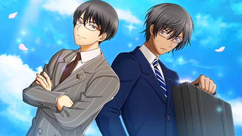 2boys, ali_pasha_(senjuushi), alternate_costume, anime_screenshot, bespectacled, black_hair, brown_neckwear, buttons