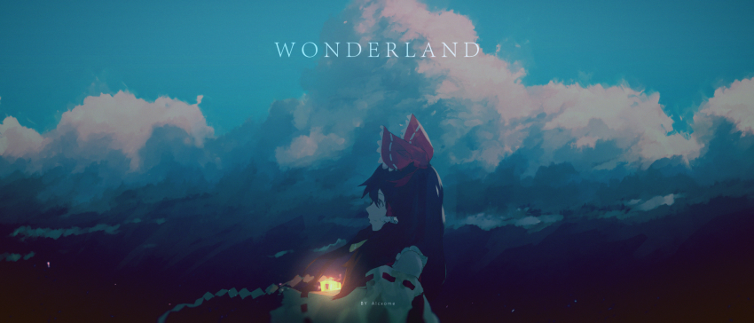 1girl, alcxome, ascot, black_hair, blue_sky, bow, cloud, cloudy_sky