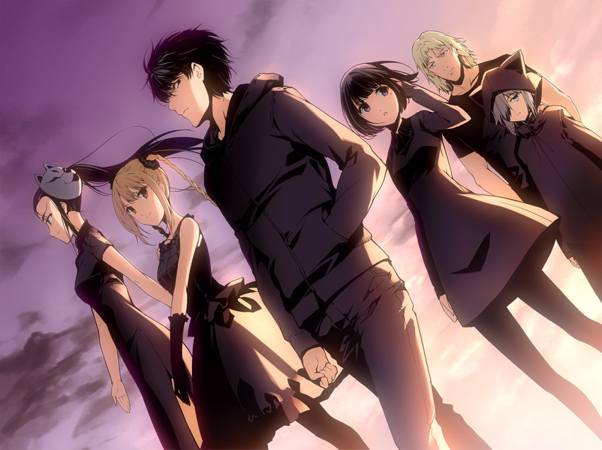 2boys, 4girls, :o, animal_hood, black_dress, black_eyes, black_gloves, black_hair