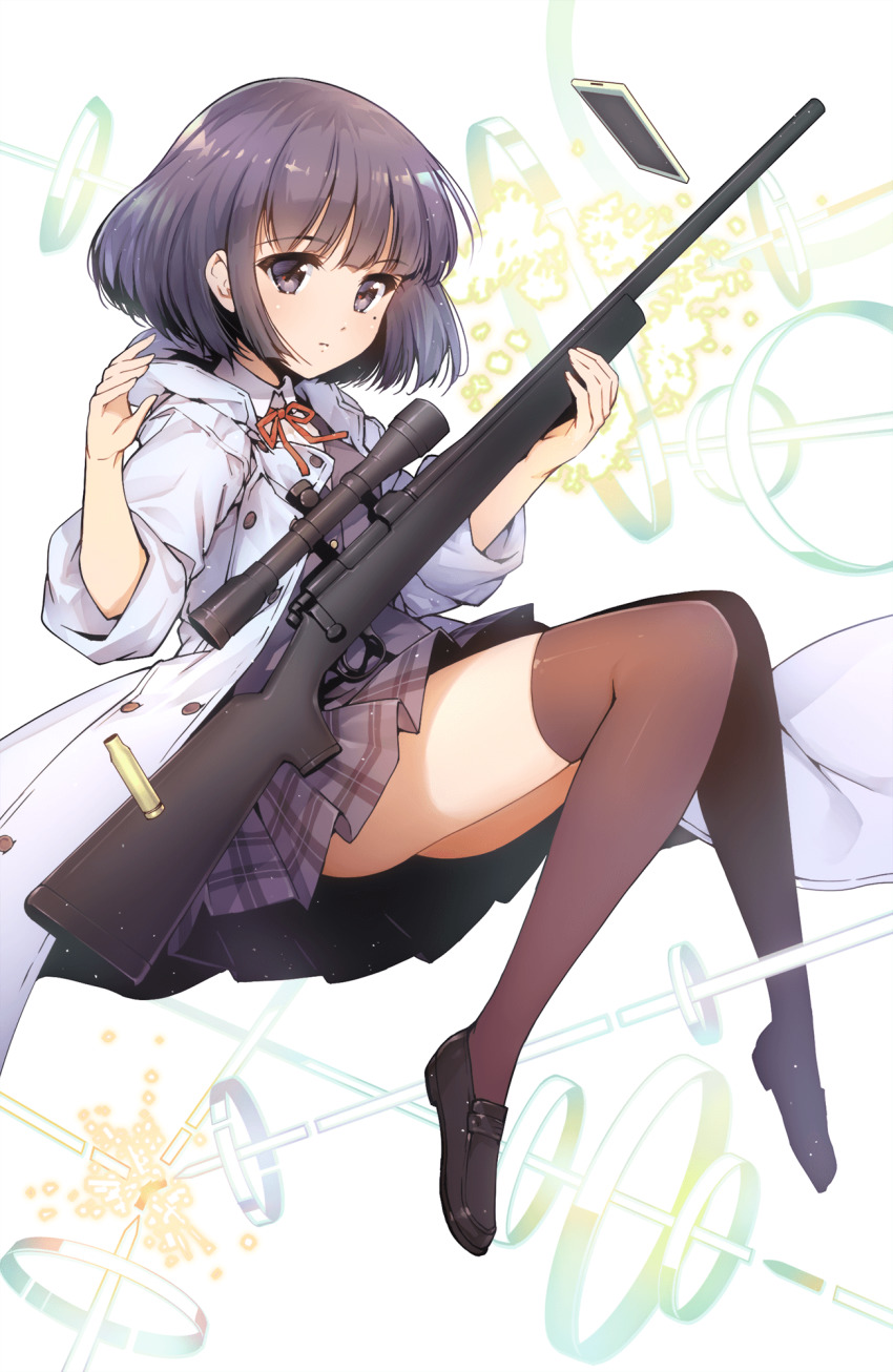 1girl, black_eyes, black_hair, black_shoes, black_skirt, bolt_action, brown_thighhighs, cellphone