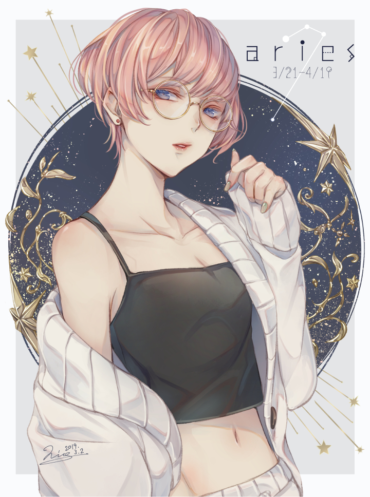 1girl, aries_(constellation), aries_(zodiac), blue_eyes, cartolaio, collarbone, dated, earrings