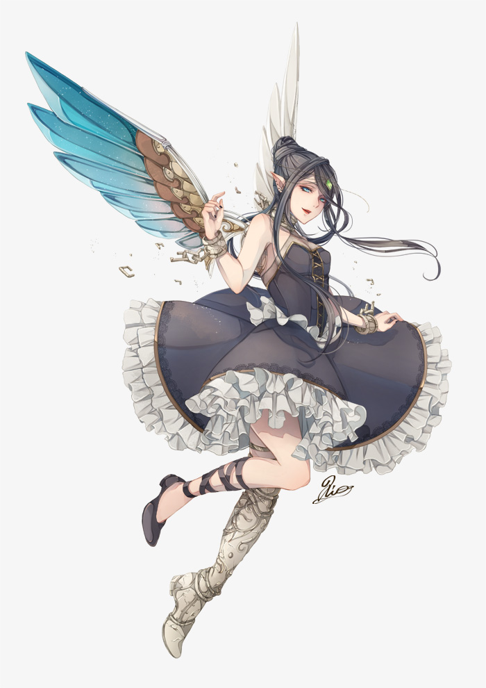 1girl, anotherxalice, asymmetrical_footwear, asymmetrical_legwear, bare_shoulders, black_dress, black_footwear, black_hair