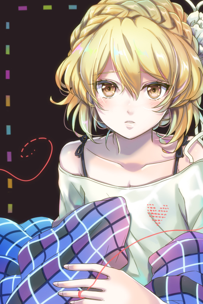 1girl, bare_shoulders, bemani, blonde_hair, blush, braid, breasts, cleavage