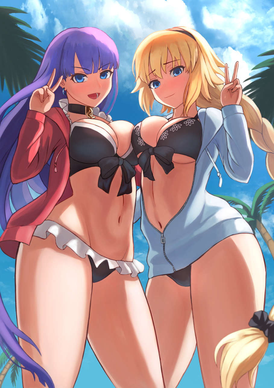 2girls, beach, bikini, black_bikini, black_hairband, blue_eyes, blue_jacket, blue_sky, blunt_bangs, blush, braid, breasts, choker, cleavage, closed_mouth, commentary_request, day, earrings, fate/apocrypha, fate/grand_order, fate_(series), hair_between_eyes, hairband, hand_gesture, highres, hip_focus, jacket, jeanne_d'arc_(fate), jeanne_d'arc_(ruler)_(fate), jeanne_d'arc_(swimsuit_archer)_(first_ascension)_(fate), jewelry, kanki_(kibunhasaikou), large_breasts, long_braid, long_hair, long_sleeves, looking_at_viewer, low-tied_long_hair, martha_(fate), martha_(swimsuit_ruler)_(fate), martha_(swimsuit_ruler)_(second_ascension)_(fate), multiple_girls, navel, open_clothes, open_jacket, open_mouth, outdoors, palm_tree, purple_hair, red_jacket, single_braid, sky, smile, swimsuit, thighs, tree, v, very_long_hair