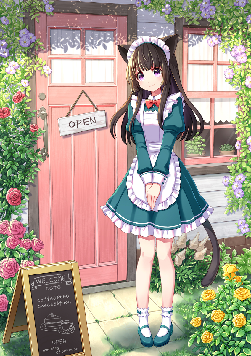 1girl, animal_ears, apron, aqua_dress, aqua_shoes, black_hair, bow, bowtie