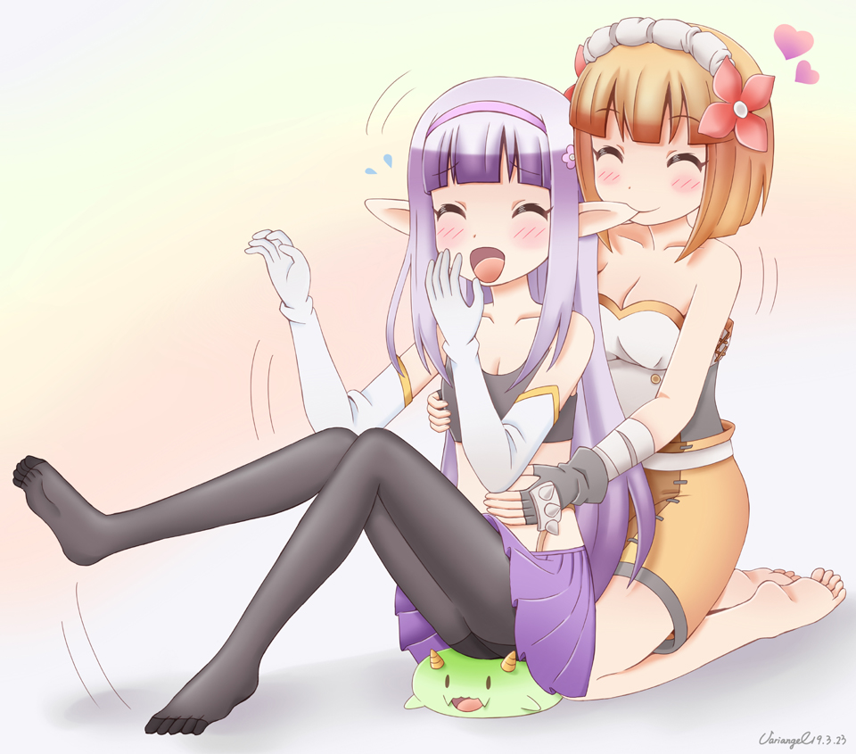 2girls, biting, black_legwear, blonde_hair, blush, breasts, chibi_dragon, cleavage, closed_eyes, collarbone, biting_ear, elbow_gloves, elf, elnowar_seylan, endro!, fai_fai, flower, gloves, gradient_background, hair_flower, hair_ornament, hairband, medium_breasts, multiple_girls, open_mouth, orange_background, pantyhose, pointy_ears, purple_hair, short_hair, simple_background, skirt, small_breasts, smile, variangel, white_gloves, yuri