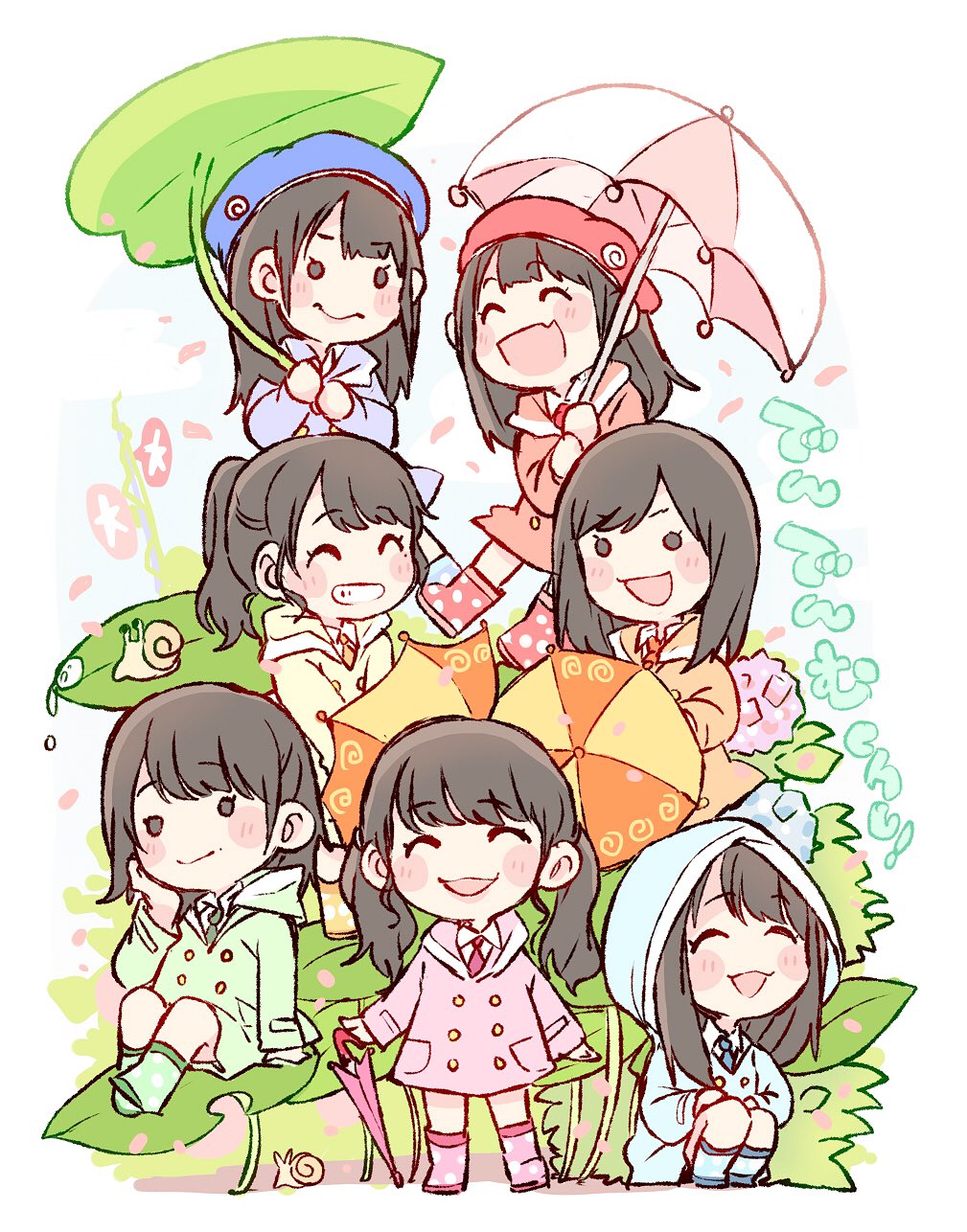 6+girls, :d, ^_^, akb48, beret, black_eyes, blue_coat, blue_flower