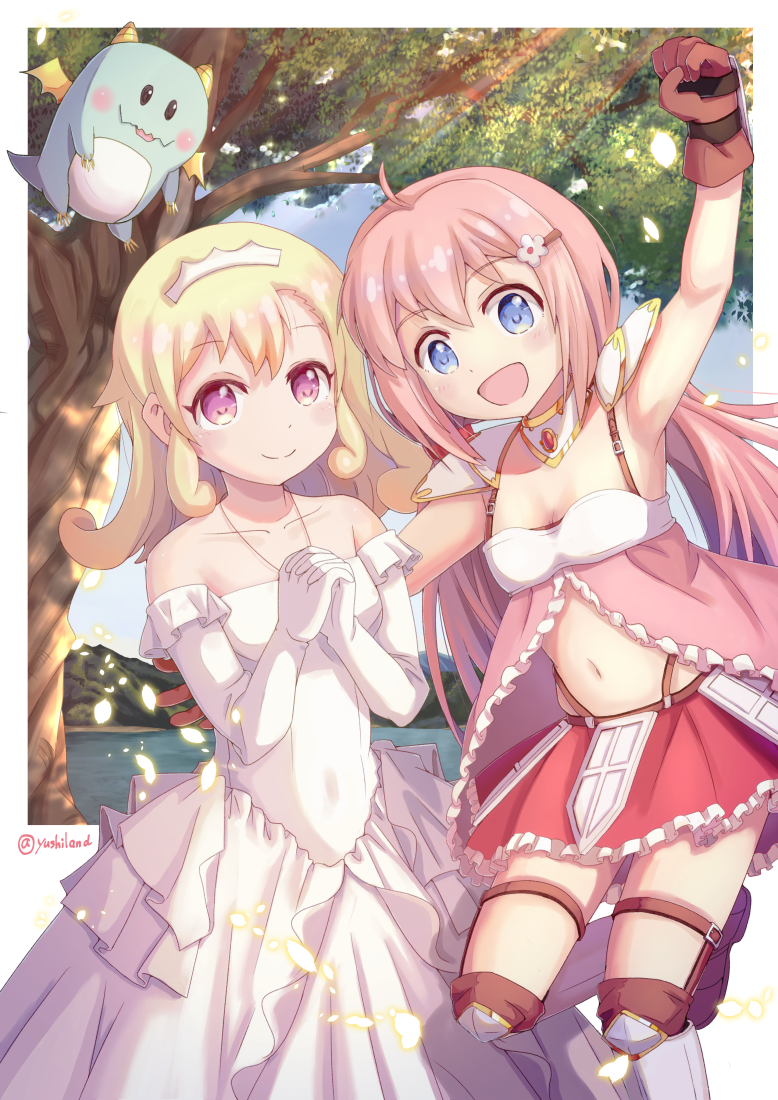 2girls, blonde_hair, blue_eyes, blush, breasts, chibi_dragon, cleavage, covered_navel