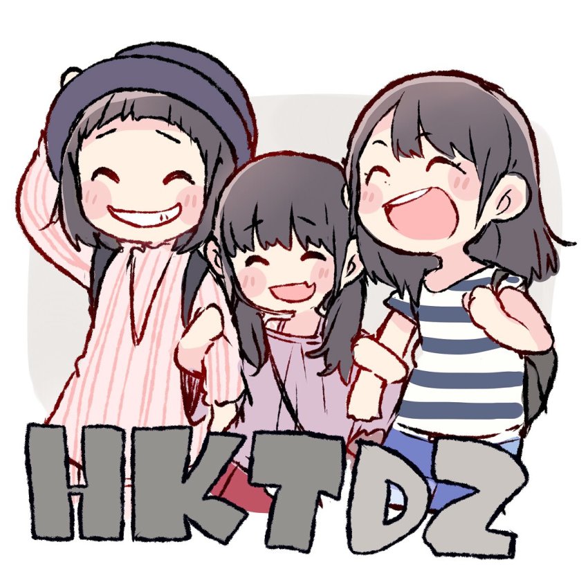 3girls, :d, ^_^, bag, black_hair, blue_headwear, blush, chibi