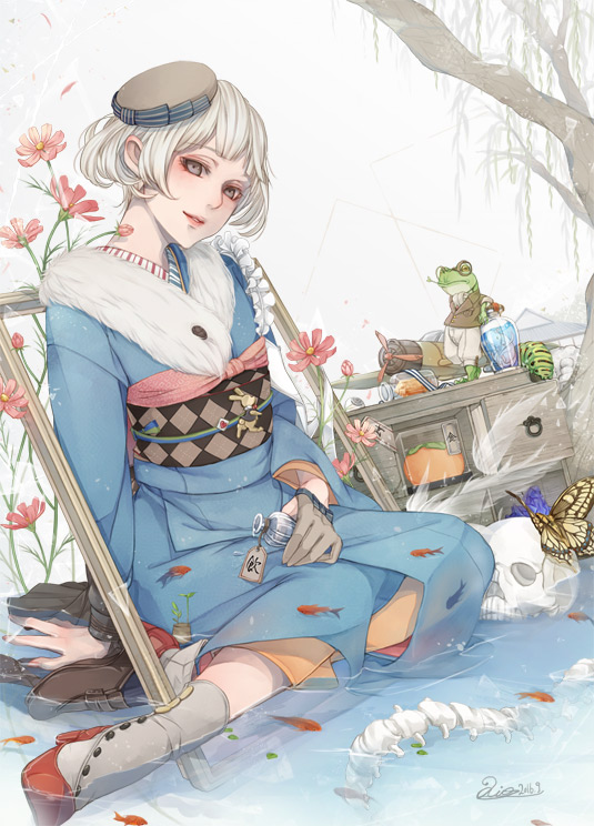 1girl, aircraft, airplane, artist_name, blue_kimono, bottle, brown_eyes, brown_footwear