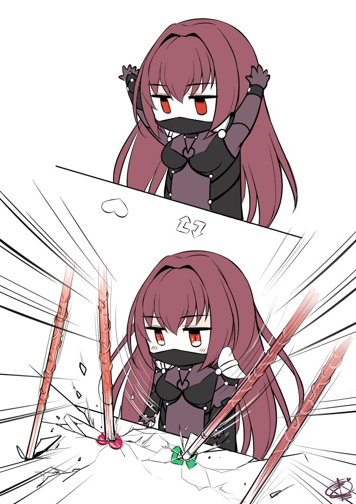 1girl, 2koma, armor, bodysuit, bongo_cat_(meme), chibi, comic, commentary_request
