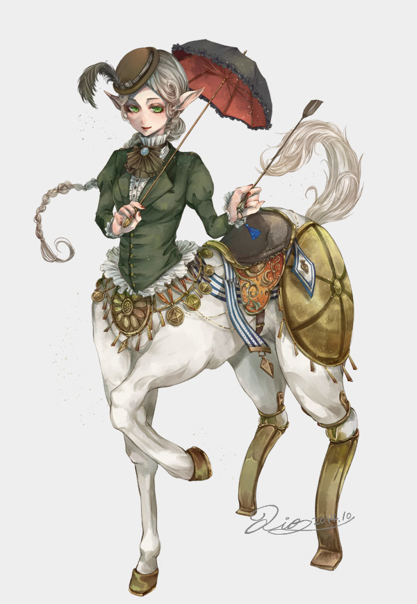 1girl, amputee, anotherxalice, black_umbrella, braid, brown_hat, brown_neckwear, cartolaio, centaur, dated, female_focus, full_body, green_eyes, green_shirt, hat, hat_feather, long_hair, long_sleeves, looking_at_viewer, monster_girl, nail_polish, official_art, parasol, pointy_ears, prosthesis, prosthetic_leg, puffy_long_sleeves, puffy_sleeves, red_nails, riding_crop, saddle, shirt, signature, simple_background, solo, standing, taur, tilted_headwear, umbrella